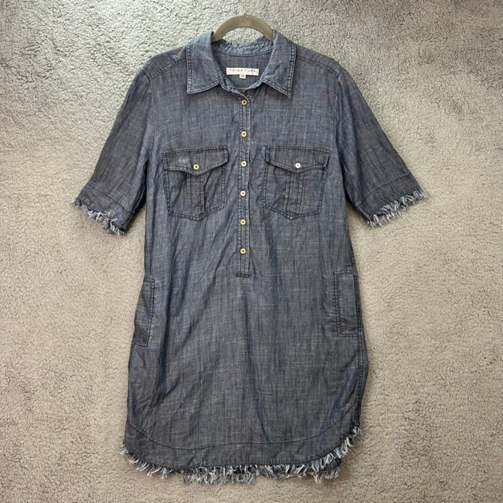 Trina Turk Womens Size 10 Shirt Dress Linen Blend Raw Hem Pockets Casual Coastal